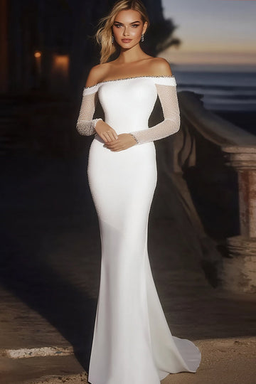 Élégante robe de mariée longue sirène en satin ivoire à épaules dénudées avec manches longues